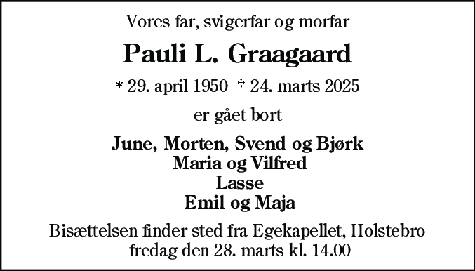 Dødsannonce for Jens Pauli Lund Graagaard