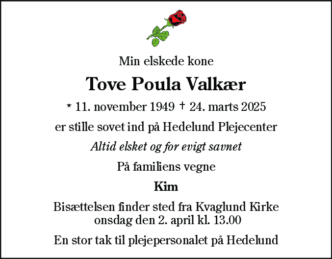 Dødsannonce for Tove Poula Valkær