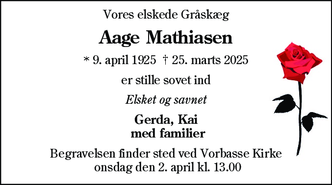 Dødsannonce for Aage Mathiasen