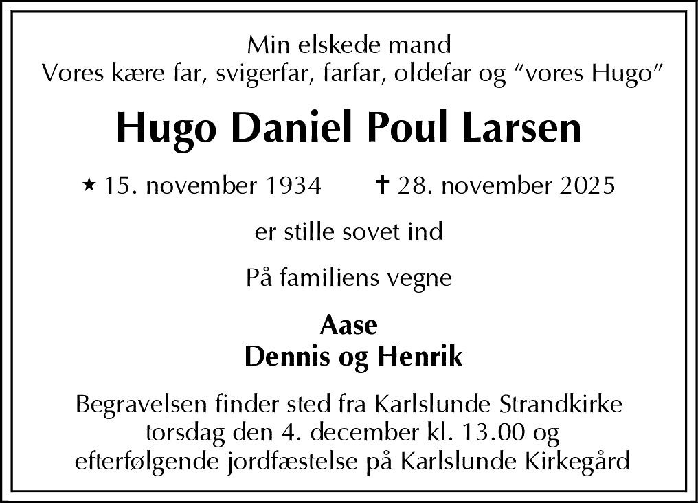 Dødsannonce for Hugo Daniel Poul Larsen
