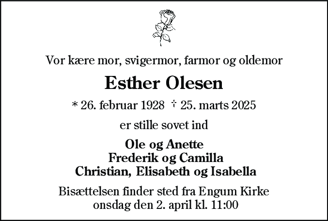 Dødsannonce for Esther Olesen
