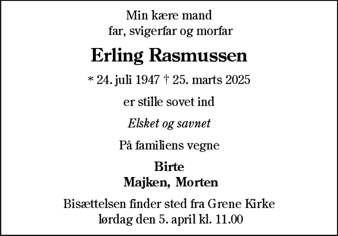 Dødsannonce for Erling Rasmussen