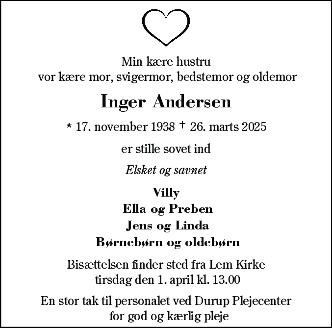 Dødsannonce for Inger Andersen