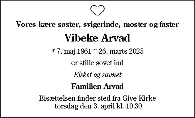 Dødsannonce for Vibeke Arvad