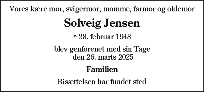 Dødsannonce for Solveig Jensen