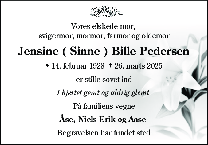 Dødsannonce for Jensine Bille Pedersen