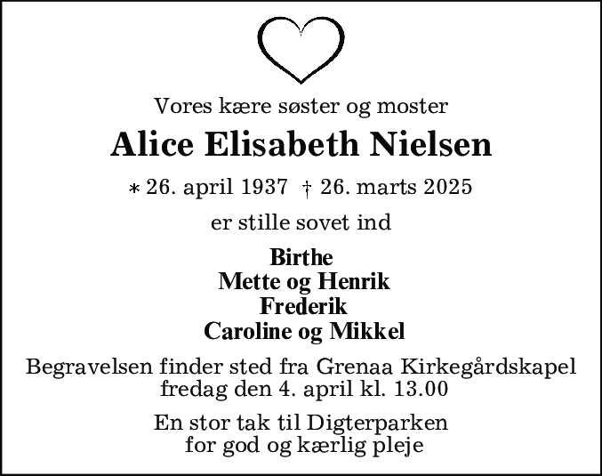 Dødsannonce for Alice Elisabeth Nielsen