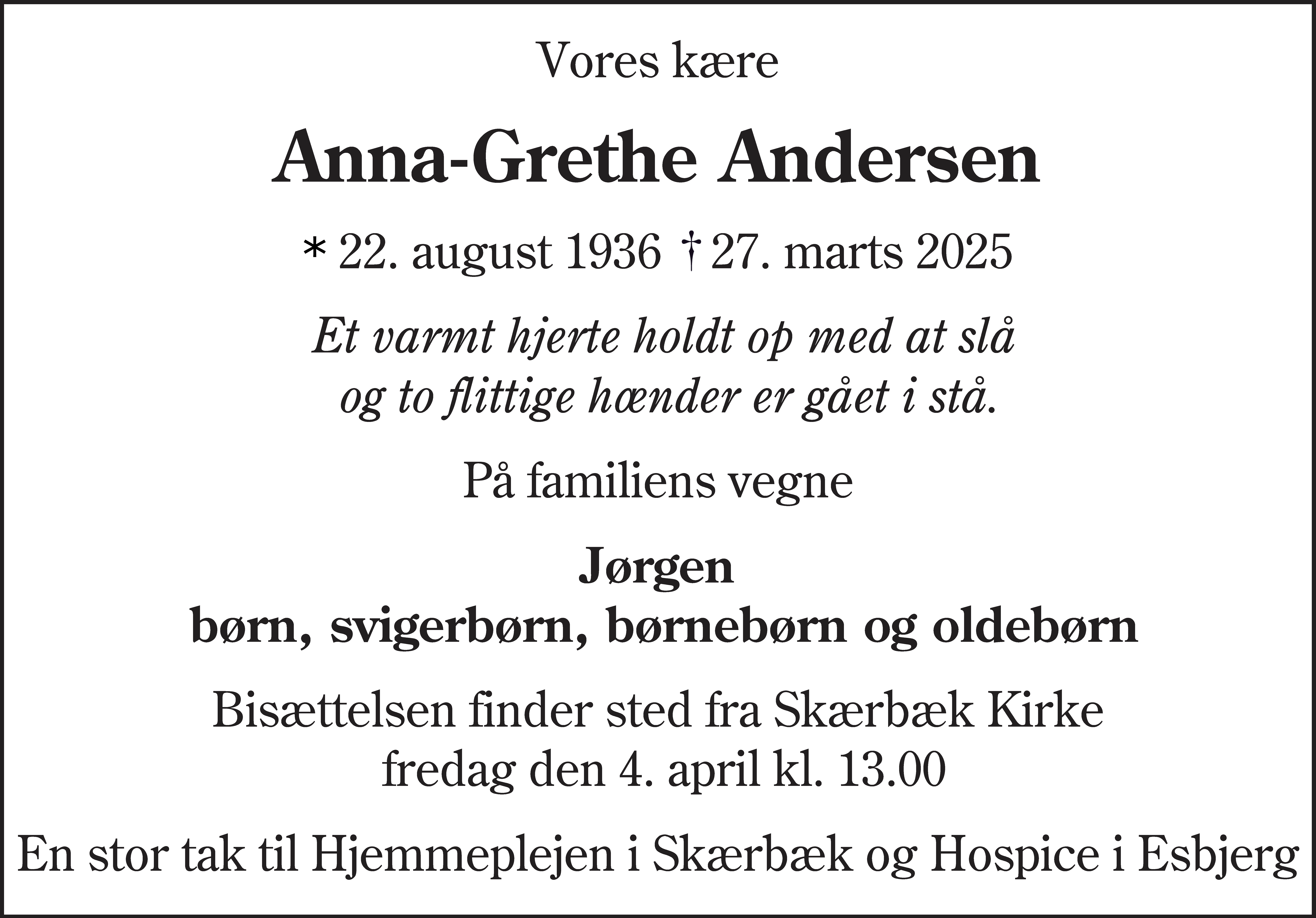 Dødsannonce for Anna-Grethe Andersen