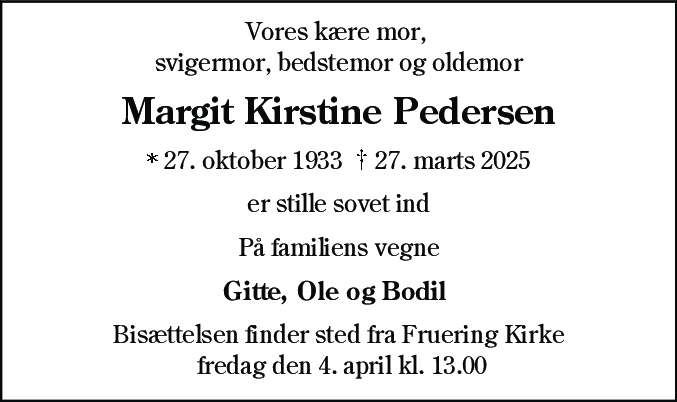 Dødsannonce for Margit Kirstine Pedersen