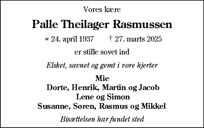 Dødsannonce for Palle Theilager Rasmussen