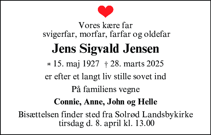 Dødsannonce for Jens Sigvald Jensen