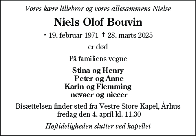 Dødsannonce for Niels Olof Bouvin