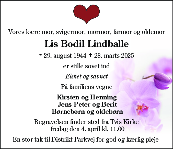 Dødsannonce for Lis Bodil Lindballe