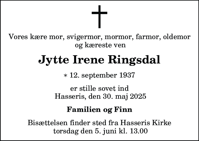Dødsannonce for Jytte Irene Ringsdal
