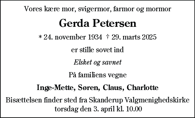 Dødsannonce for Gerda Petersen
