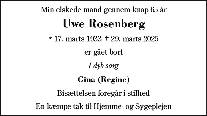 Dødsannonce for Uwe Hjalmar Rosenberg