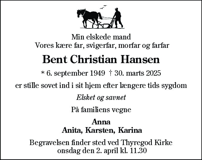 Dødsannonce for Bent Christian Hansen