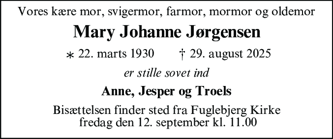 Dødsannonce for Mary Johanne Jørgensen
