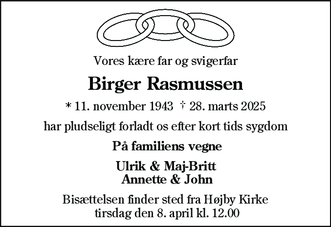 Dødsannonce for Birger Rasmussen