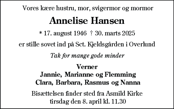 Dødsannonce for Annelise Hansen