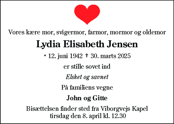 Dødsannonce for Lydia Elisabeth Jensen