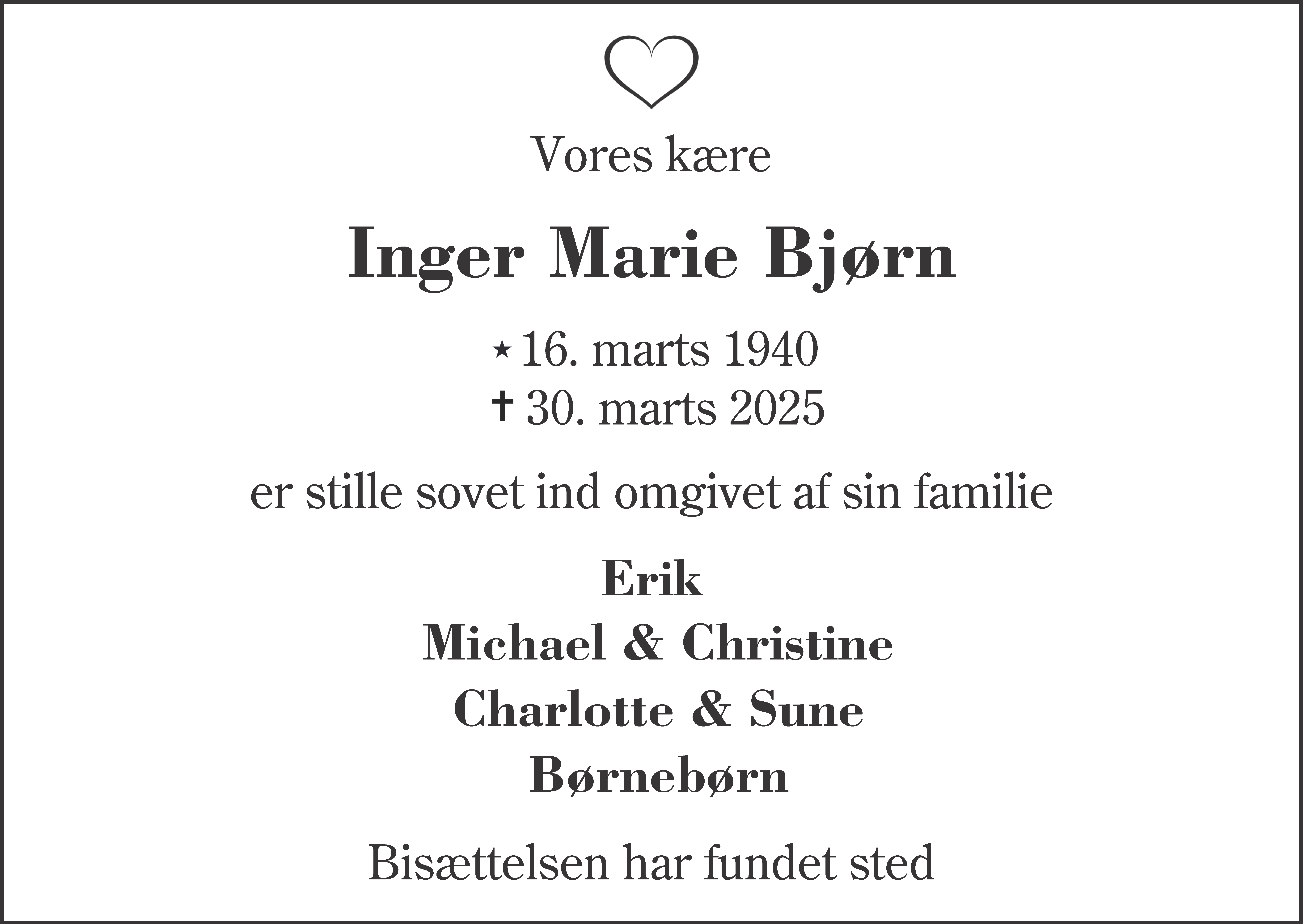 Dødsannonce for Inger Marie Bjørn