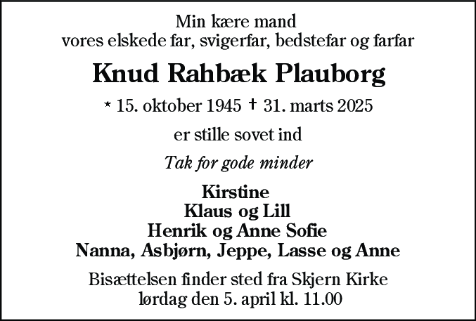 Dødsannonce for Knud Rahbæk Plauborg