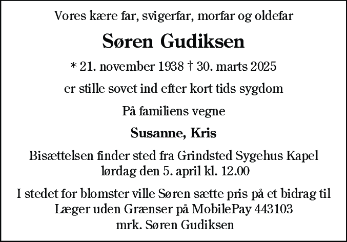 Dødsannonce for Søren Gudiksen