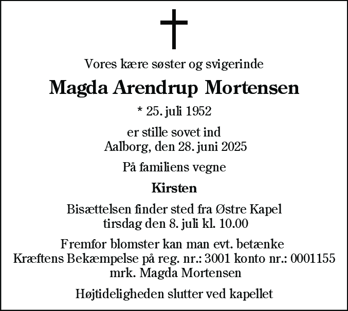 Dødsannonce for Magda Arendrup Mortensen