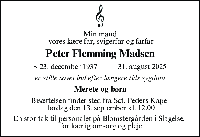 Dødsannonce for Peter Flemming Madsen
