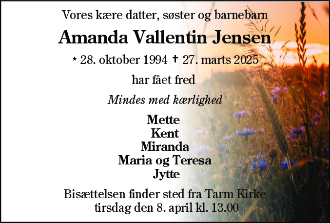 Dødsannonce for Amanda Vallentin Jensen