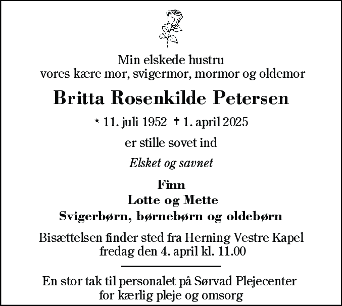Dødsannonce for Britta Rosenkilde Petersen