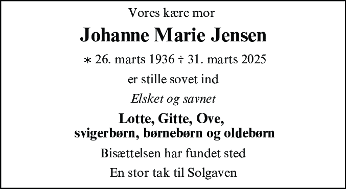 Dødsannonce for Johanne Marie Jensen