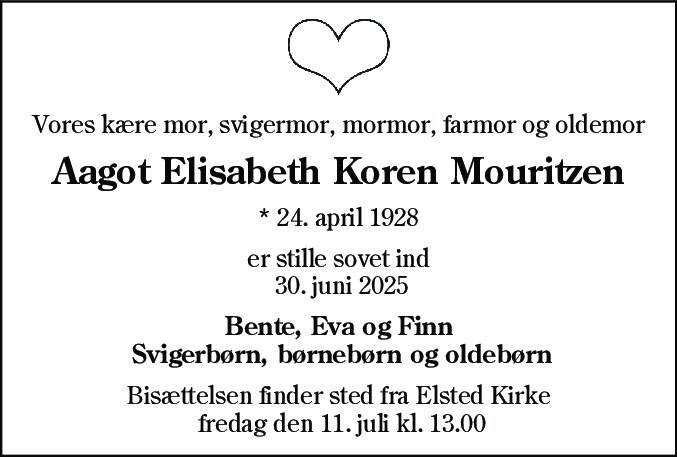 Dødsannonce for Aagot Elisabeth Koren Mouritzen