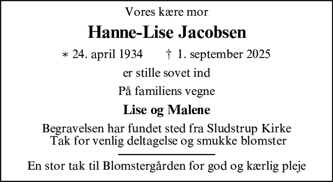 Dødsannonce for Hanne-Lise Jacobsen
