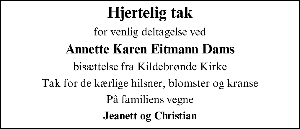Dødsannonce for Annette Karen Eitmann Dam