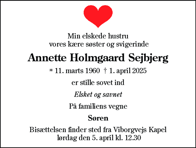 Dødsannonce for Annette Holmgaard Sejbjerg