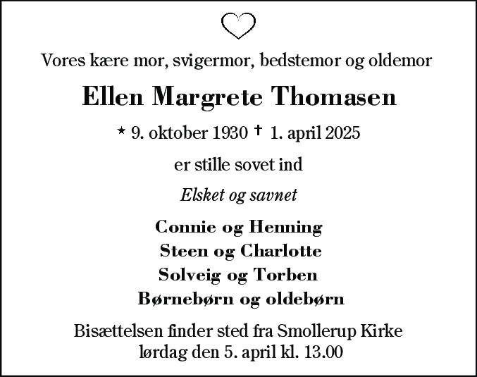 Dødsannonce for Ellen Margrete Thomasen