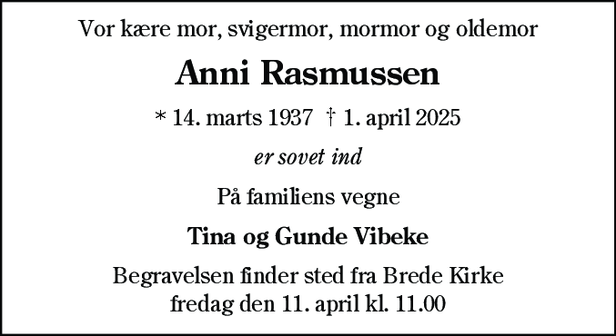 Dødsannonce for Anni Rasmussen