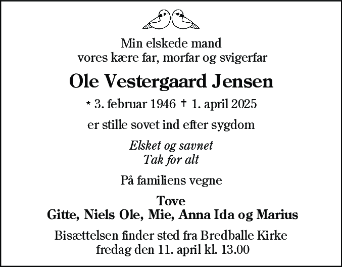 Dødsannonce for Ole Vestergaard Jensen