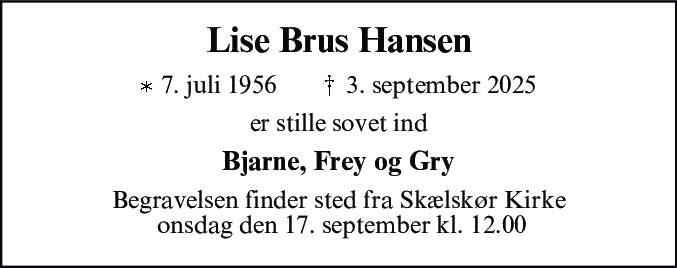 Dødsannonce for Lise Brus Hansen