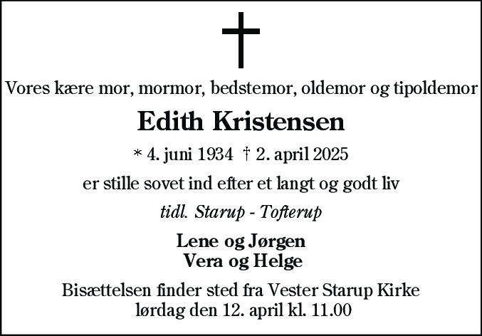 Dødsannonce for Edith Kristensen