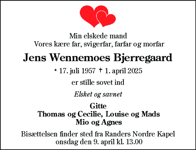Dødsannonce for Jens Wennemoes Bjerregaard
