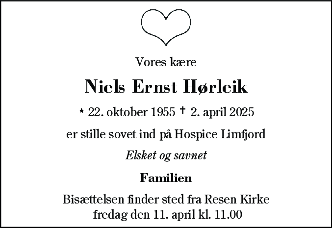 Dødsannonce for Niels Ernst Hørleik