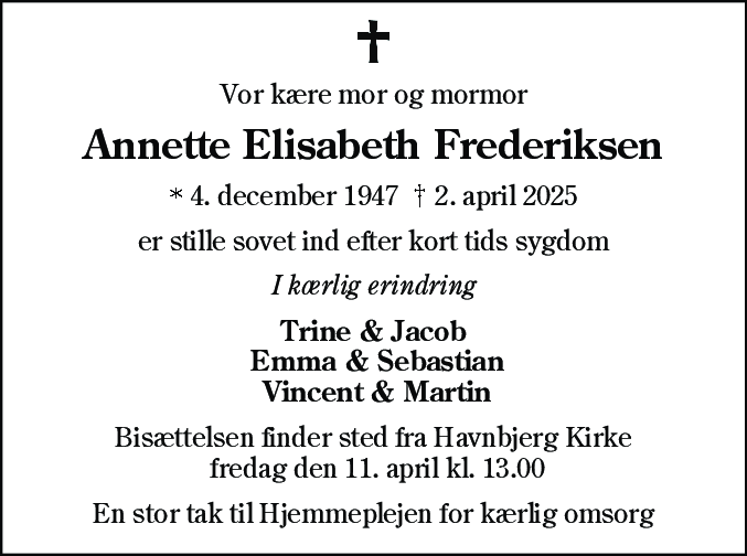 Dødsannonce for Annette Elisabeth Frederiksen