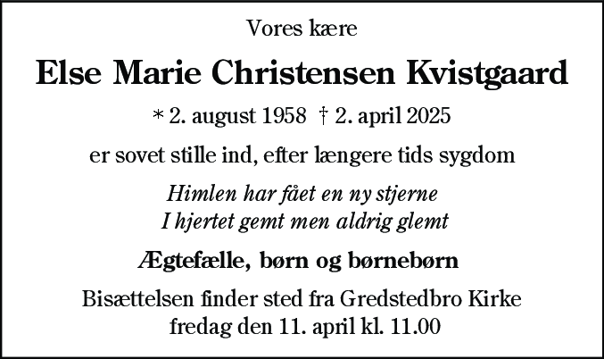 Dødsannonce for Else Marie Christensen Kvistgaard