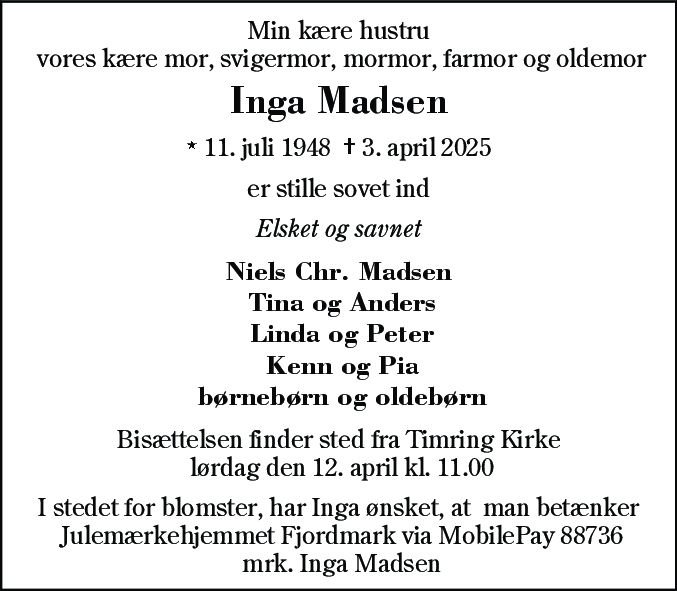 Dødsannonce for Inga Madsen