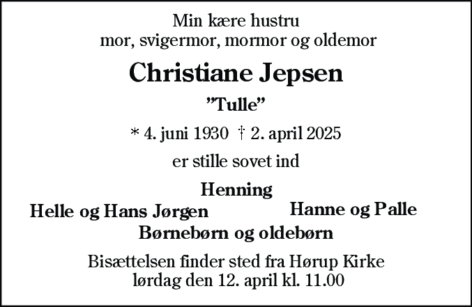 Dødsannonce for Christiane Jepsen