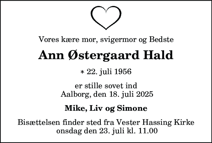 Dødsannonce for Ann Østergaard Hald