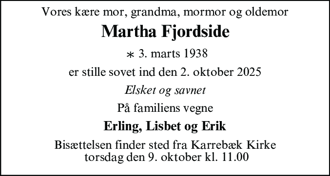 Dødsannonce for Martha Fjordside